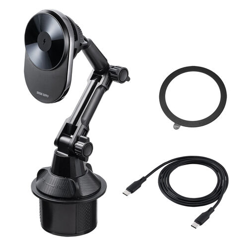 車載ホルダー（ワイヤレス充電対応・半導体冷却機能・ペルチェ素子・マグネット・磁気吸着・スマホホルダー・車・ドリンクホルダー設置・片手操作・iPhone・Android・急速充電・メタルリング付属）