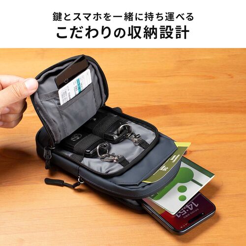 スマホポーチ（スマートキーケース・スマートキー2個収納・カード収納・防水・防塵・止水ファスナー・外側ポケット付き・小銭入れ・カラビナフック・キーリング・ブラック）