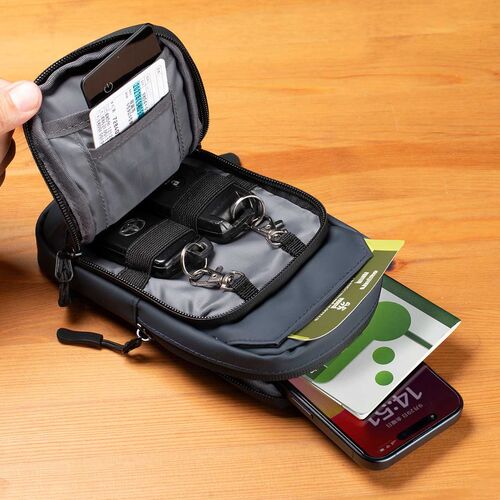 スマホポーチ（スマートキーケース・スマートキー2個収納・カード収納・防水・防塵・止水ファスナー・外側ポケット付き・小銭入れ・カラビナフック・キーリング・ネイビー）