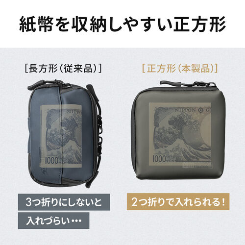 スマートキーケース（L字ファスナー・正方形・スマートキー2個収納・カード収納・防水・防塵・止水ファスナー・小銭入れ・アクセサリポーチ・イヤホンケース・財布・ブラック）