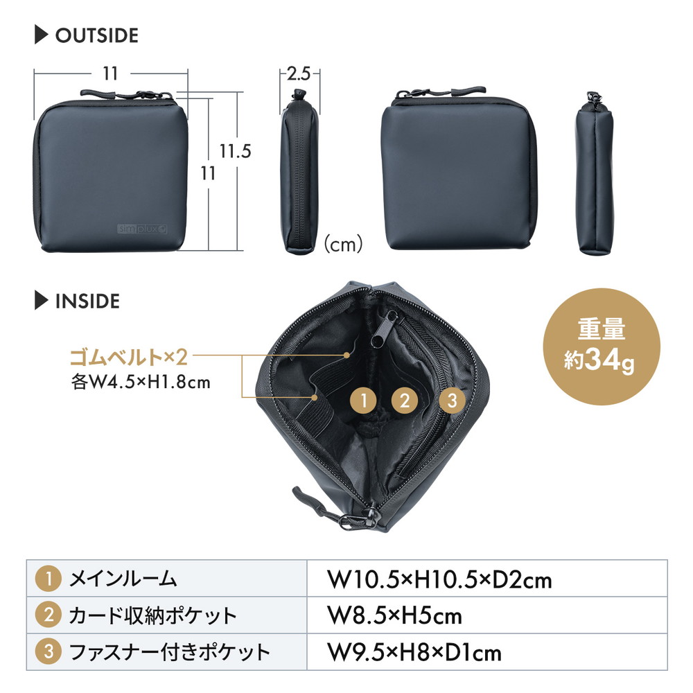 スマートキーケース（L字ファスナー・正方形・スマートキー2個収納・カード収納・防水・防塵・止水ファスナー・小銭入れ・アクセサリポーチ・イヤホンケース・財布）