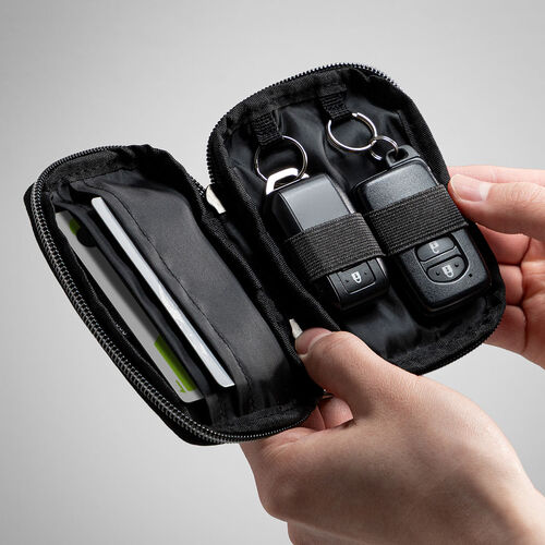スマートキーケース（鍵・コーデュラ素材・スマートキー・2個収納・カード収納・外側ポケット・コンパクト・軽量・キーリングつき・ブラック）