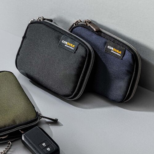 スマートキーケース（鍵・コーデュラ素材・スマートキー・2個収納・カード収納・外側ポケット・コンパクト・軽量・キーリングつき・ネイビー）