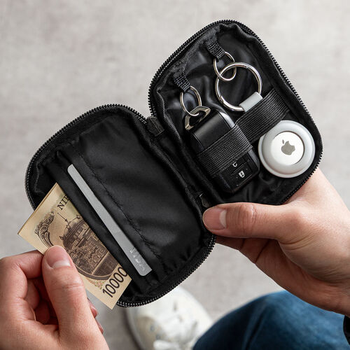 スマートキーケース（鍵・コーデュラ素材・スマートキー・2個収納・カード収納・外側ポケット・コンパクト・軽量・キーリングつき・ネイビー）