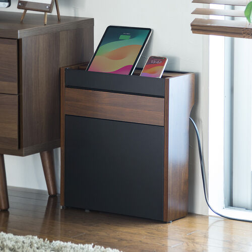 【アウトレット】ルーター収納ボックス（ケーブルボックス・幅40cm・高さ45cm・充電ステーション・スマホスタンド機能・モデム・Wi-Fi 扉付き・木製・2段・完成品・ダークブラウン）