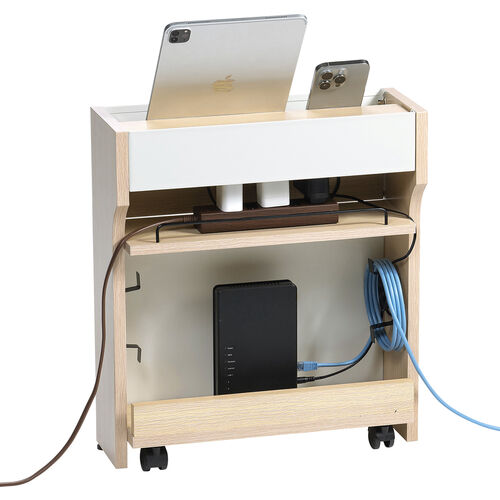 ルーター収納ボックス（ケーブルボックス・幅40cm・高さ45cm・充電ステーション・スマホスタンド機能・モデム・Wi-Fi 扉付き・木製・2段・完成品・ライトブラウン）