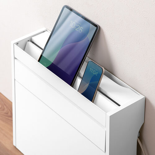 ルーター収納ボックス（ケーブルボックス・幅50cm・高さ45cm・充電ステーション・スマホスタンド機能・モデム・Wi-Fi・扉付き・木製・2段・完成品・ホワイト）