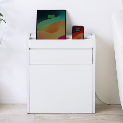 ルーター収納ボックス（ケーブルボックス・幅40cm・高さ45cm・充電ステーション・スマホスタンド機能・モデム・Wi-Fi 扉付き・木製・2段・完成品・ホワイト）