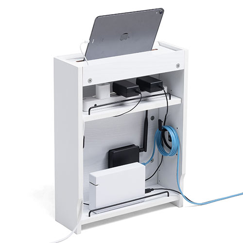 ケーブルボックス（ルーター収納・タップ収納・モデム・NAS収納・ケーブル整理・木製・幅40cm・木目・ホワイト）