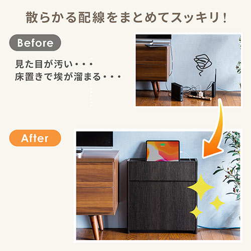 ケーブルボックス（ルーター収納・タップ収納・モデム・NAS収納・ケーブル整理・木製・幅50cm・木目・ホワイト）