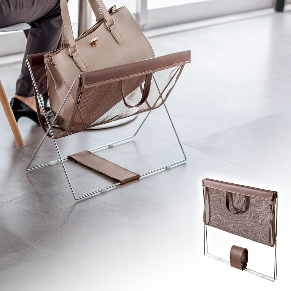 カバン置き（メッシュ・おりたたみ・オフィス・荷物置き・耐荷重5kg・荷物入れ・バッグ置き台・手荷物・コンパクト・飲食店・ブラウン）