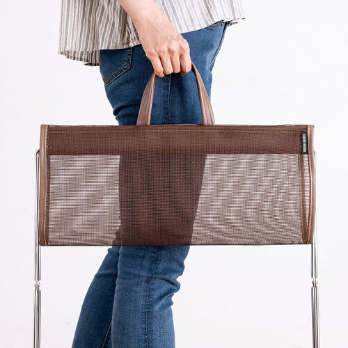 カバン置き（メッシュ・おりたたみ・オフィス・荷物置き・耐荷重5kg・荷物入れ・バッグ置き台・手荷物・コンパクト・飲食店・ブラウン）