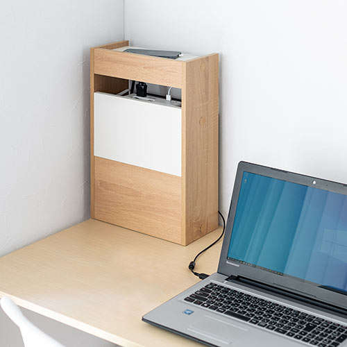 ケーブルボックス（タップボックス・ルーター収納ボックス・木製・高さ45cm・幅30cm・机上設置タイプ・ライト木目）