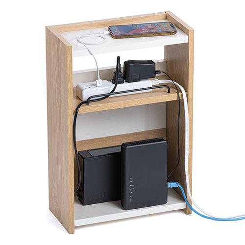 ケーブルボックス（タップボックス・ルーター収納ボックス・木製・高さ45cm・幅30cm・机上設置タイプ・ライト木目）