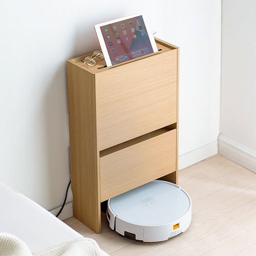 ケーブルボックスルーター収納タップボックス ロボット掃除機設置 木製 3段 高さ65cm ライトブラウン