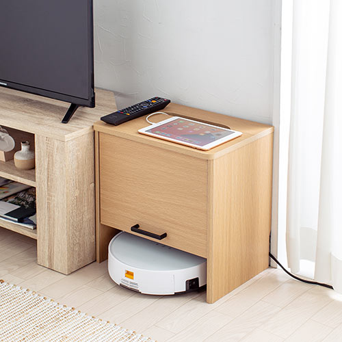 ケーブルボックス お掃除ロボット対応 1段（ルーター収納・タップボックス・ロボット掃除機設置・木製・高さ42cm・ライトブラウン）