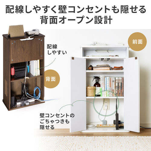 ルーター収納ボックス（モデム収納ラック・ケーブルボックス・コード収納・電話台・木製・扉付き・幅48cm・ホワイト）