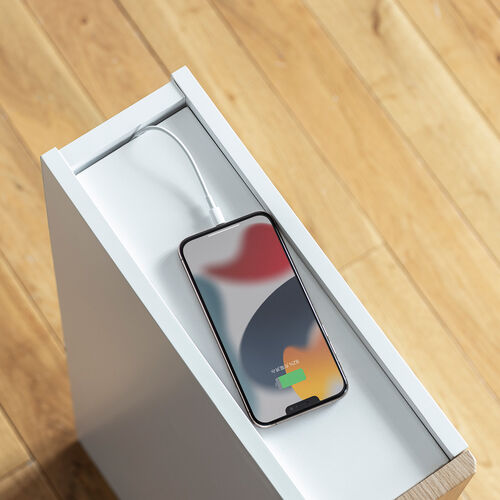 隙間収納ラック（スリムワゴン・幅12cm・高さ80cm・タップ収納・充電ステーション・配線整理・ルーター・Wi-Fi・モデム・扉付き・木製・5段・ライトブラウン×ホワイト）
