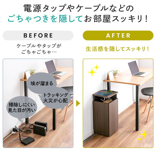 ルーター収納ボックス（コーナー設置タイプ・縦型・木製・スリム・壁面収納・幅26cm・コンセント付き・ケーブルボックス・電話台・FAX台・ダークブラウン） CB032DBRM サンワサプライ