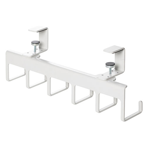 デスク クランプ フック ケーブルトレーハンガー 固定 後付 Lサイズ フック6本 金属製 ホワイト
