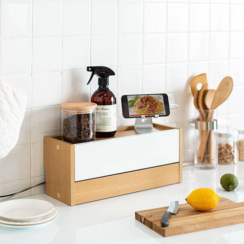 ケーブルボックス タップボックス 木製 小型 ケーブル収納 タップ収納 スマホスタンド ライトブラウン