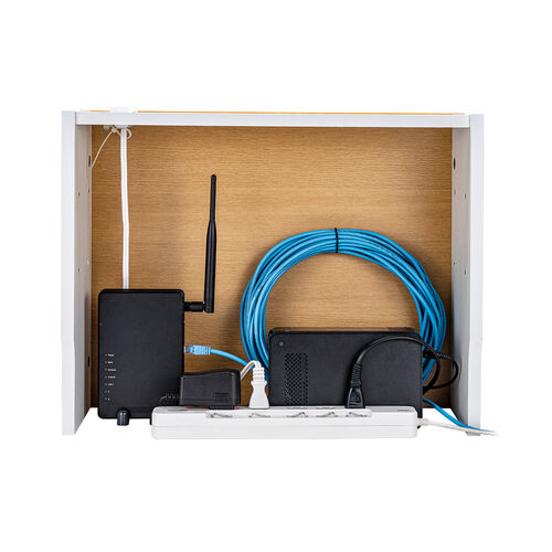 ルーター収納ボックス（コンセント付き・幅50cm・木製・スリム・壁面収納・ケーブルボックス・電話台・ライトブラウン）