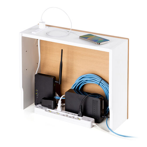 ルーター収納ボックス（コンセント付き・幅50cm・木製・スリム・壁面収納・ケーブルボックス・電話台・ライトブラウン）