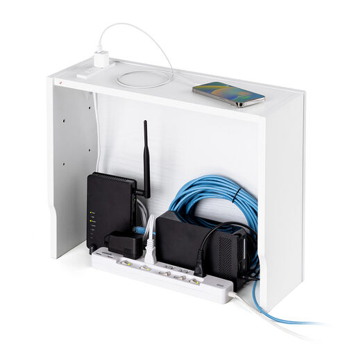 ルーター収納ボックス（コンセント付き・幅50cm・木製・スリム・壁面収納・ケーブルボックス・電話台・ホワイト）