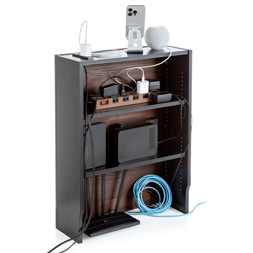 ルーター収納ボックス（ケーブルボックス・幅50cm・高さ65cm・コンセント付き・木製・スリム・壁面収納・電話台・ダークブラウン）