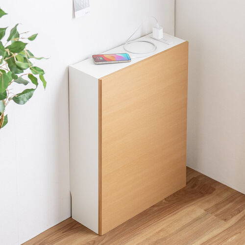 ルーター収納ボックス（ケーブルボックス・幅50cm・高さ65cm・コンセント付き・木製・スリム・壁面収納・電話台・ライトブラウン）