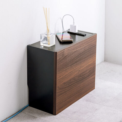 ルーター収納ボックス（ケーブルボックス・幅40cm・高さ33cm・コンセント付き・木製・スリム・壁面収納・電話台・ダークブラウン）