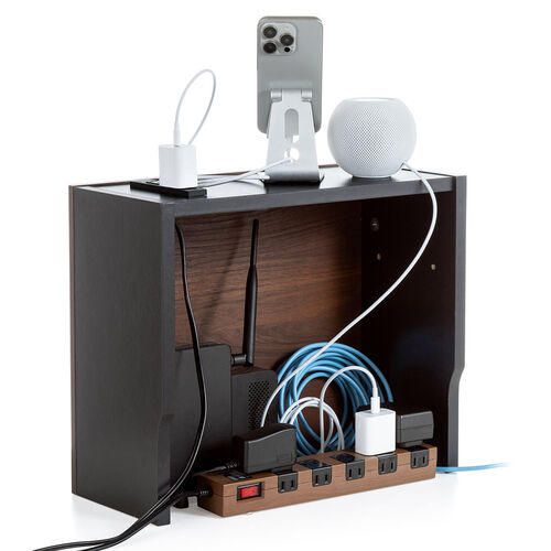 ルーター収納ボックス（ケーブルボックス・幅40cm・高さ33cm・コンセント付き・木製・スリム・壁面収納・電話台・ダークブラウン）