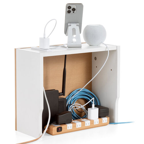 ルーター収納ボックス（ケーブルボックス・幅40cm・高さ33cm・コンセント付き・木製・スリム・壁面収納・電話台・ライトブラウン）