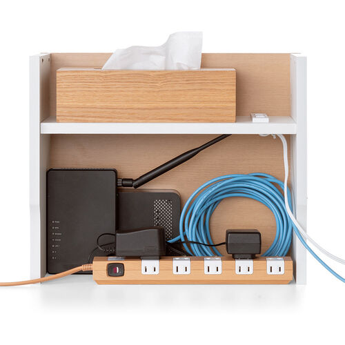 ルーター収納ボックス（ケーブルボックス・幅40cm・高さ33cm・コンセント付き・木製・スリム・壁面収納・電話台・ライトブラウン）