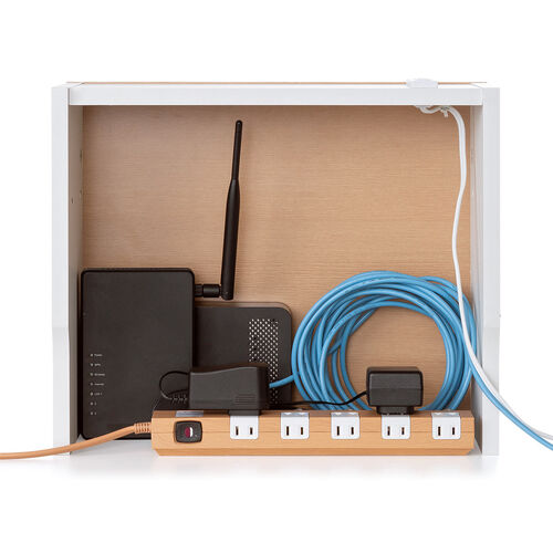 ルーター収納ボックス（ケーブルボックス・幅40cm・高さ33cm・コンセント付き・木製・スリム・壁面収納・電話台・ライトブラウン）