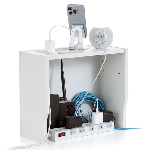 ルーター収納ボックス（ケーブルボックス・幅40cm・高さ33cm・コンセント付き・木製・スリム・壁面収納・電話台・ホワイト）