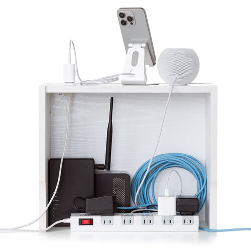 ルーター収納ボックス（ケーブルボックス・幅40cm・高さ33cm・コンセント付き・木製・スリム・壁面収納・電話台・ホワイト）