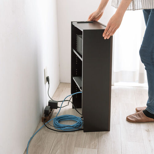 ルーター収納ボックス（ケーブルボックス・幅40cm・高さ65cm・コンセント付き・木製・スリム・壁面収納・電話台・ダークブラウン）