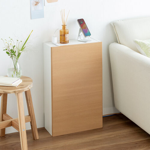 ルーター収納ボックス（ケーブルボックス・幅40cm・高さ65cm・コンセント付き・木製・スリム・壁面収納・電話台・ライトブラウン）