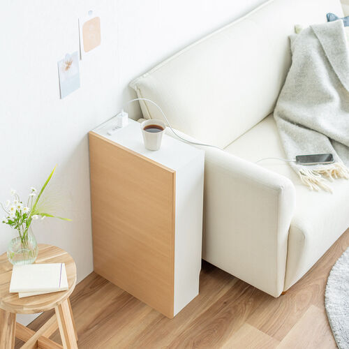 ルーター収納ボックス（ケーブルボックス・幅40cm・高さ65cm・コンセント付き・木製・スリム・壁面収納・電話台・ライトブラウン）