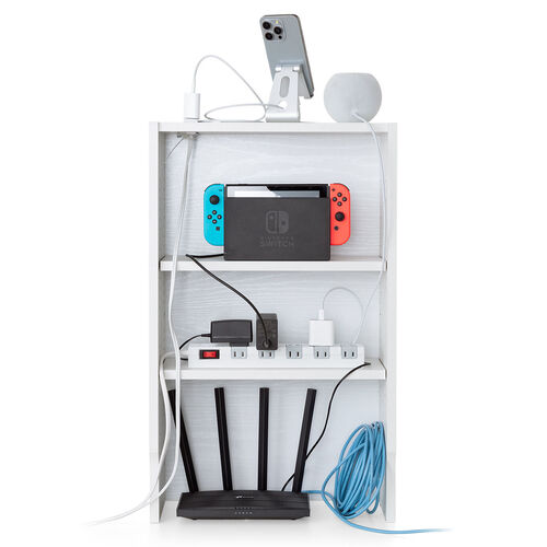 ルーター収納ボックス（ケーブルボックス・幅40cm・高さ65cm・コンセント付き・木製・スリム・壁面収納・電話台・ホワイト）