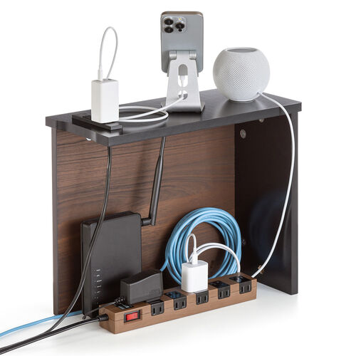 ルーター収納ボックス（ケーブルボックス・幅40cm・高さ33cm・コンセント付き・木製・スリム・角置き・コーナー・壁面収納・電話台・ダークブラウン）