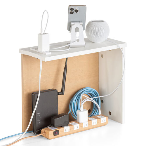 ルーター収納ボックス（ケーブルボックス・幅40cm・高さ33cm・コンセント付き・木製・スリム・壁面収納・角置き・コーナー・電話台・ライトブラウン）