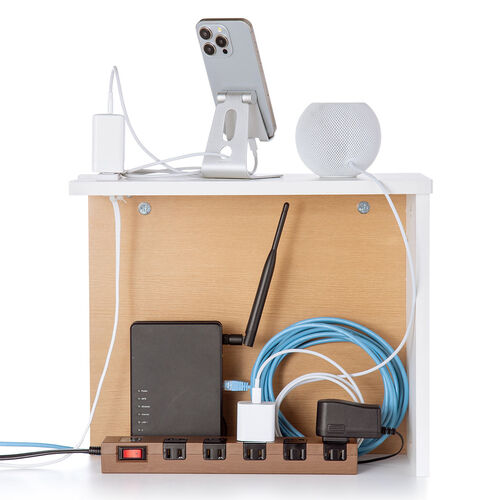 ルーター収納ボックス（ケーブルボックス・幅40cm・高さ33cm・コンセント付き・木製・スリム・壁面収納・角置き・コーナー・電話台・ライトブラウン）