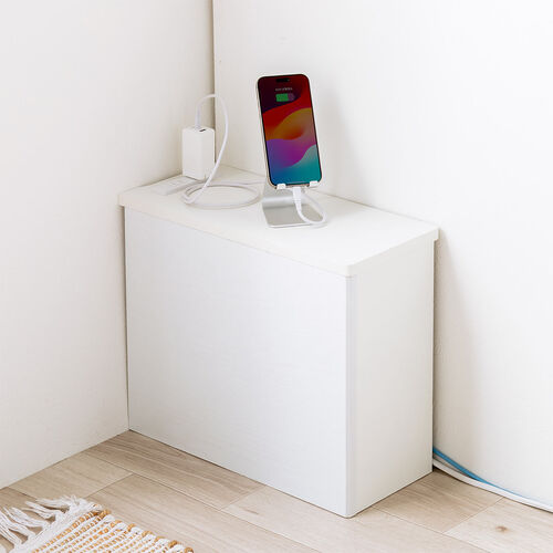 ルーター収納ボックス（ケーブルボックス・幅40cm・高さ33cm・コンセント付き・木製・スリム・壁面収納・角置き・コーナー・電話台・ホワイト）