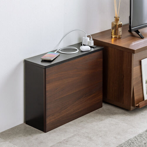 ルーター収納ボックス（ケーブルボックス・幅50cm・高さ38.5cm・コンセント付き・木製・スリム・角置き・壁面収納・コーナー・電話台・ダークブラウン）