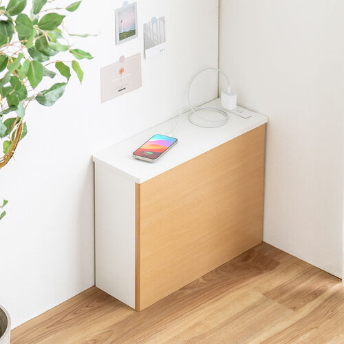ルーター収納ボックス（ケーブルボックス・幅50cm・高さ38.5cm・コンセント付き・木製・スリム・壁面収納・角置き・コーナー・電話台・ライトブラウン）