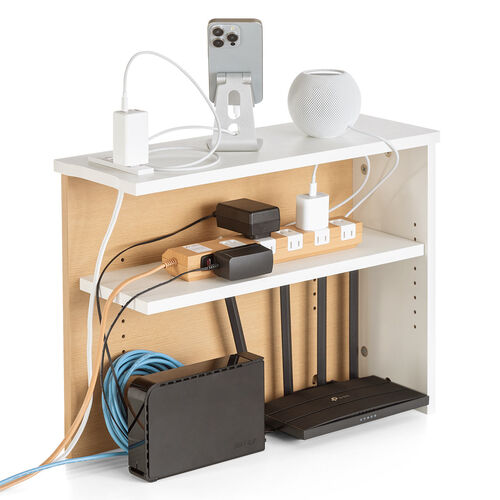 ルーター収納ボックス（ケーブルボックス・幅50cm・高さ38.5cm・コンセント付き・木製・スリム・壁面収納・角置き・コーナー・電話台・ライトブラウン）