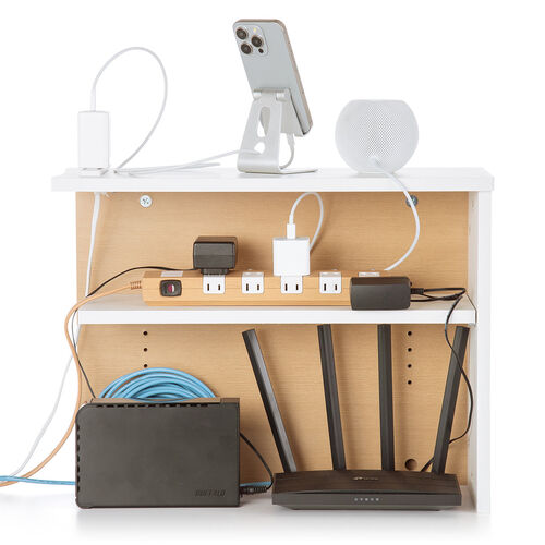 ルーター収納ボックス（ケーブルボックス・幅50cm・高さ38.5cm・コンセント付き・木製・スリム・壁面収納・角置き・コーナー・電話台・ライトブラウン）