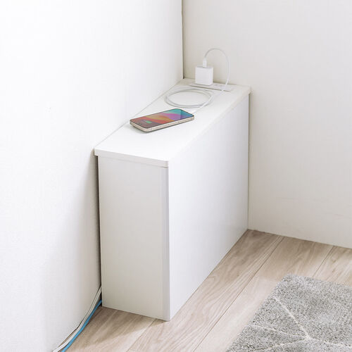 ルーター収納ボックス（ケーブルボックス・幅50cm・高さ38.5cm・コンセント付き・木製・スリム・壁面収納・角置き・コーナー・電話台・ホワイト）